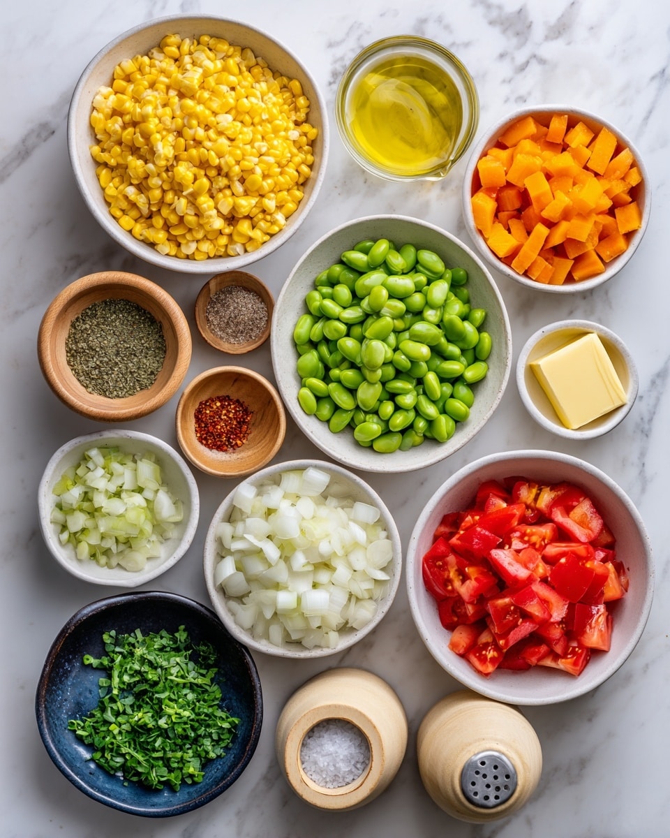 The image shows a variety of fresh ingredients placed on a white marbled surface in separate white bowls and a small dark blue dish. There is a bowl of bright yellow corn kernels, a bowl of green edamame beans, a bowl of orange chopped bell peppers, a bowl of white chopped onions, and a bowl of halved red cherry tomatoes. There are also two small bowls with green chopped herbs, one with a lighter green and one with a darker green, and a small bowl holding a square piece of yellow butter. Additionally, there are two wooden bowls with salt and black pepper, two beige spice containers with one containing a red spice and the other a light beige one, and a small glass bowl with yellow liquid, likely oil. The arrangement is clean and organized, with vibrant colors contrasting against the white marbled surface. Photo taken with an iphone --ar 4:5 --v 7