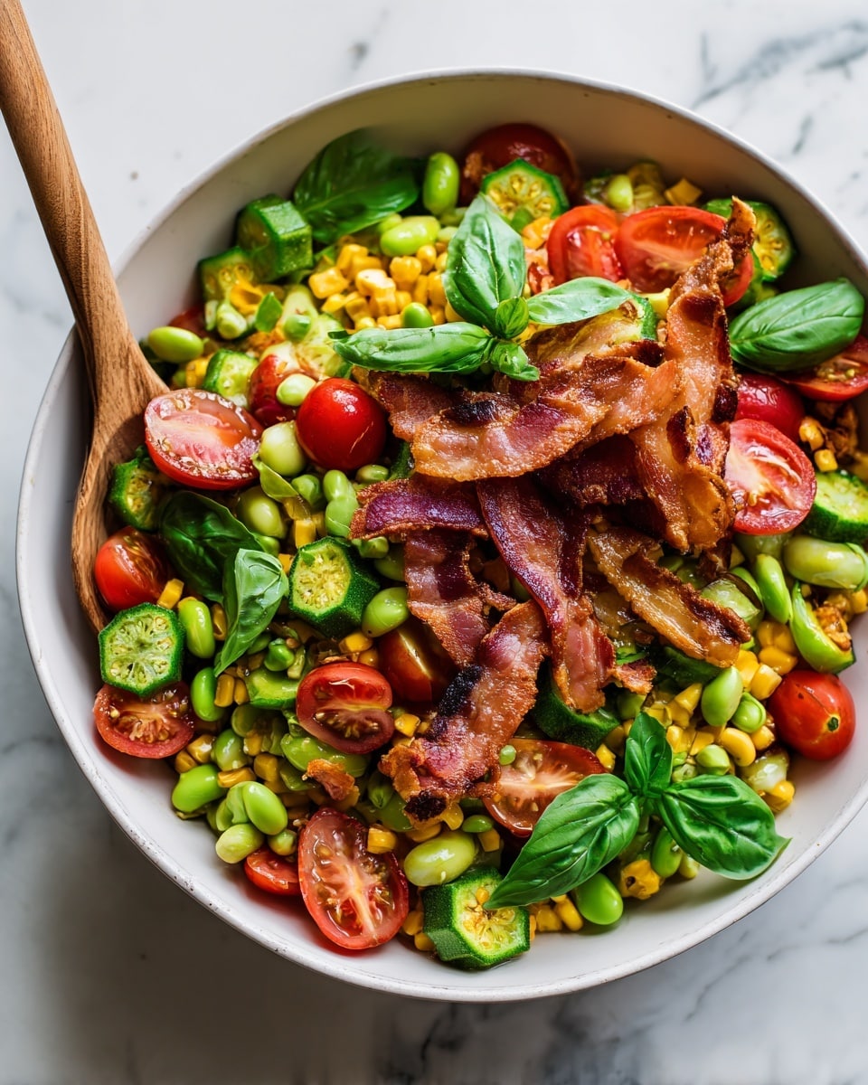 A white bowl filled with a colorful salad layered with bright yellow corn kernels, light green lima beans, and sliced green okra pieces scattered evenly. There are also halved red cherry tomatoes and chopped fresh green basil leaves placed on top and around the salad. Crispy pieces of browned bacon sit on the top layer adding contrast with their deep red and brown shades. A wooden spoon with a smooth light brown texture is partially resting inside the bowl. The bowl sits on a white marbled surface, and the photo is taken with an iphone --ar 4:5 --v 7