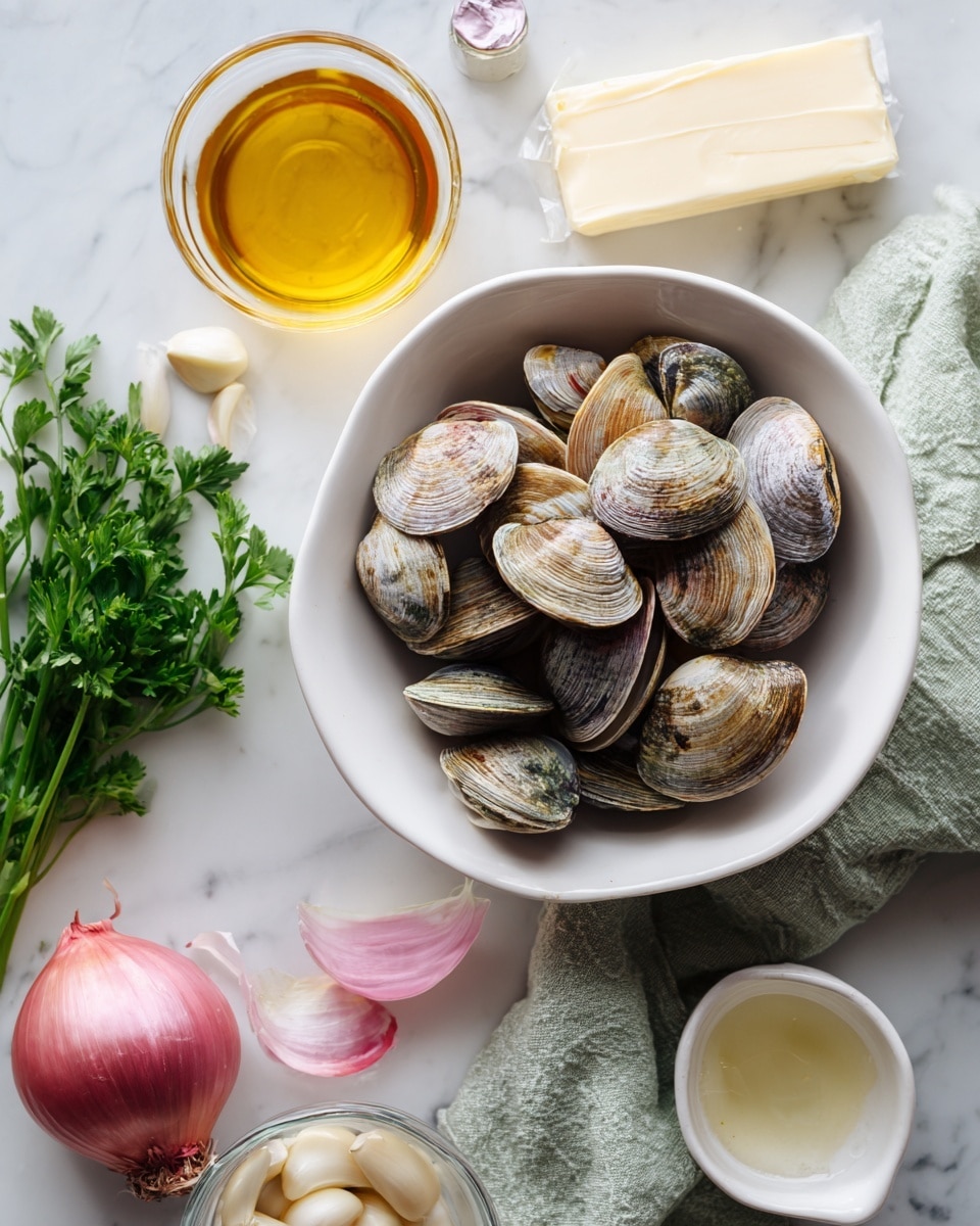 A white bowl filled with many clams sits on a white marbled surface. Around the bowl, there is a small glass bowl of garlic cloves, a small cup of golden yellow olive oil, a stick of butter in a wrapper, a pink shallot, a small white bowl with clear liquid, and a bunch of green parsley with stems and leaves. A light green cloth is under some of the items. photo taken with an iphone --ar 4:5 --v 7