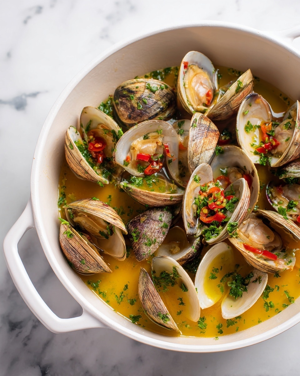 The image shows a white pot filled with steamed clams, each clam shell open and shiny, revealing the soft, pale beige clam meat inside. The clamshells are a mix of light brown and gray colors with smooth textures. On top of the clams, there are small pieces of bright green parsley and vibrant red chopped peppers scattered evenly, adding pops of color. The broth at the bottom of the pot is a light, clear golden color with a few herbs floating, giving the dish a fresh look. The pot rests on a white marbled surface. photo taken with an iphone --ar 4:5 --v 7