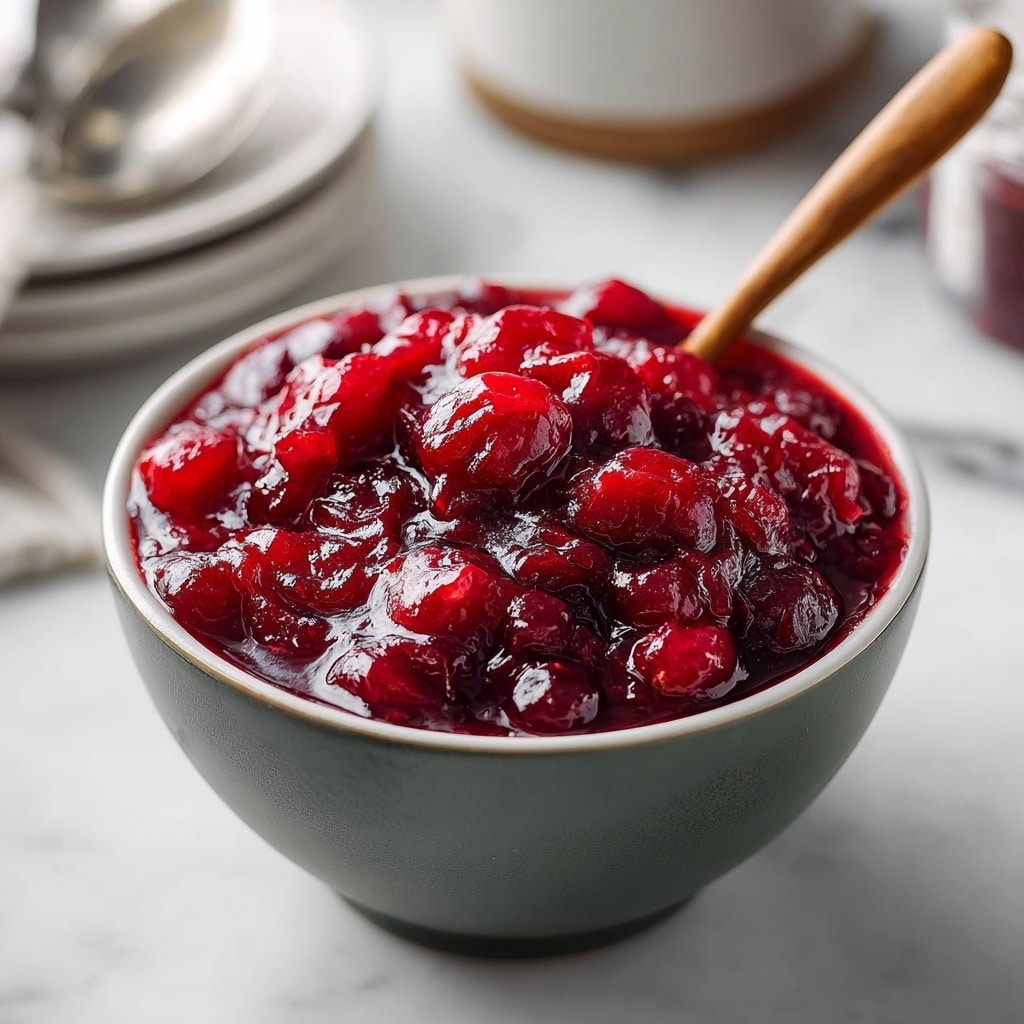 A green bowl filled with chunky red cranberry sauce, showing whole and slightly crushed berries creating a glossy and jammy texture. A wooden spoon rests inside the bowl, its handle extending outward. The bowl sits on a white marbled surface, with a blurred white plate and light-colored jar in the background. The overall image gives a fresh and homemade feel. photo taken with an iphone --ar 1:1