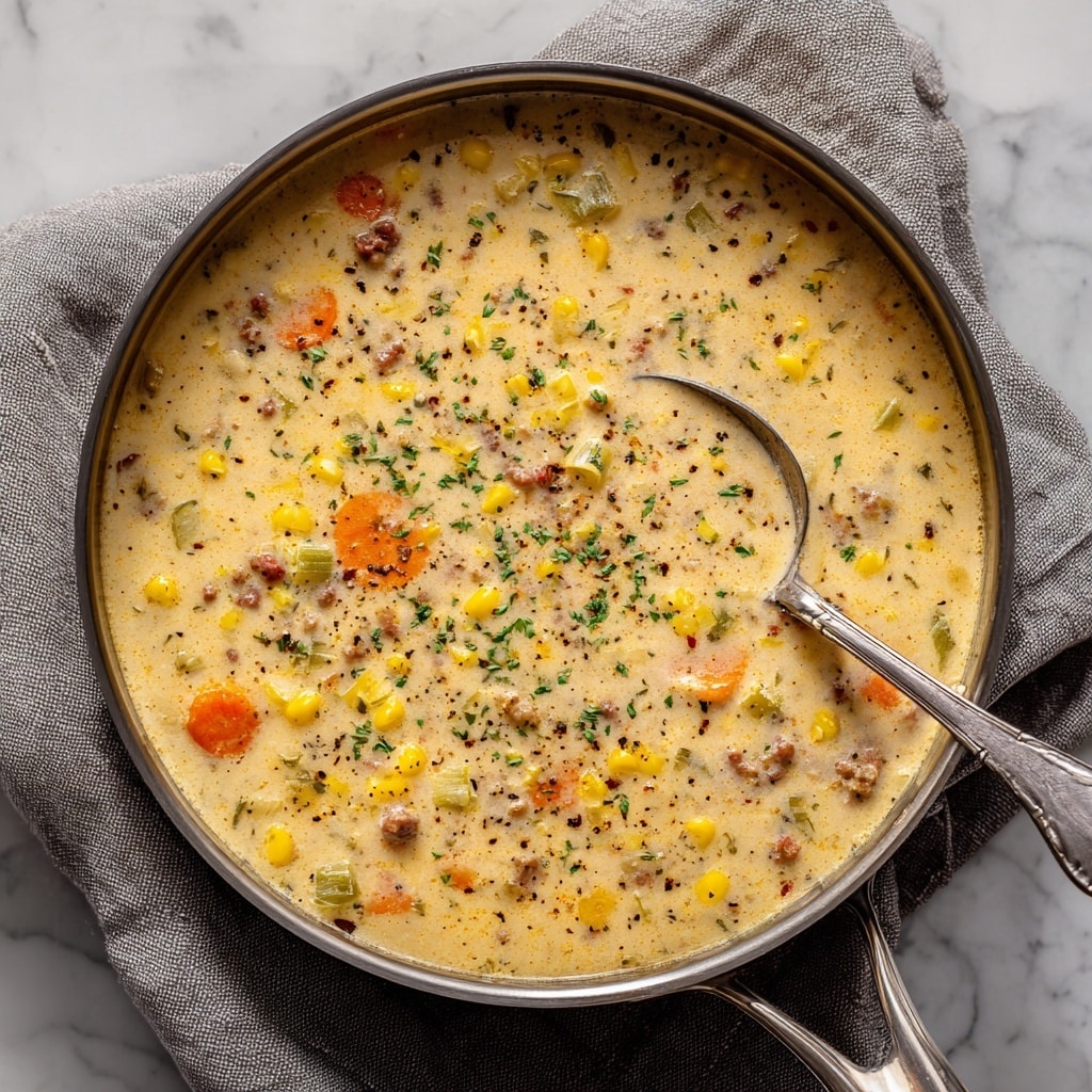 The image shows a large pan filled with creamy soup with a light beige color. Inside the soup, there are bright yellow corn kernels, round orange carrot slices, small green celery pieces, and bits of brown sausage or meat, all mixed evenly. The soup has small specks of herbs and black pepper sprinkled on top. The pan sits on a grey cloth with a rough texture, and a silver spoon is partially dipped into the soup on the right side. The background features a white marbled texture surface. Photo taken with an iphone  1:1
