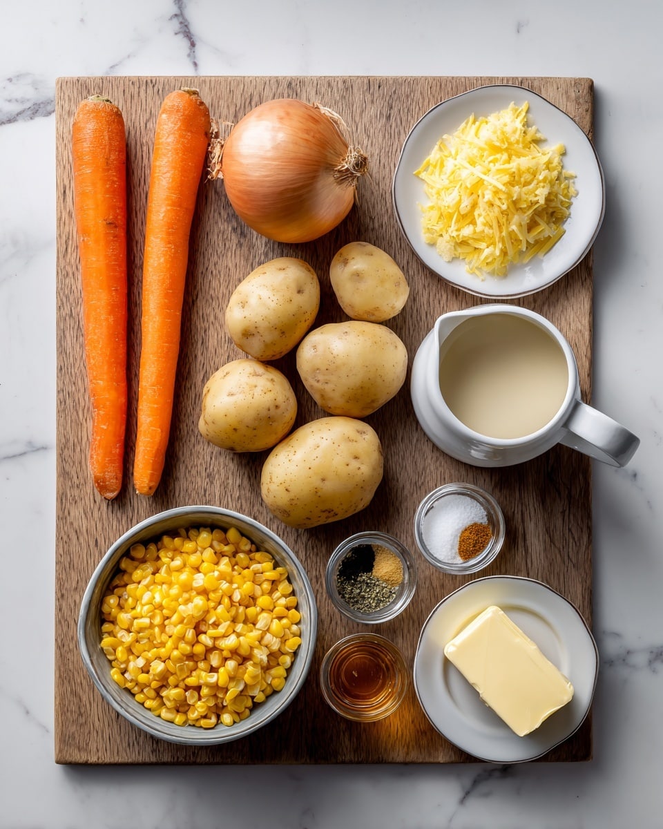 A wooden cutting board on a white marbled surface holds several ingredients arranged neatly. On the left are two orange carrots and a round brown onion. At the center are three light brown potatoes. To the bottom is a metal bowl filled with bright yellow corn kernels. Above the potatoes is a small white bowl filled with yellow flakes, and next to it a small white plate with four separated piles of seasonings in light orange, white, black, and green colors. A white pitcher containing a creamy light liquid sits near the center, and a clear glass measuring jug with a brown liquid is positioned below it. A small white dish with a pale yellow block of butter is at the bottom right. Photo taken with an iphone --ar 4:5 --v 7