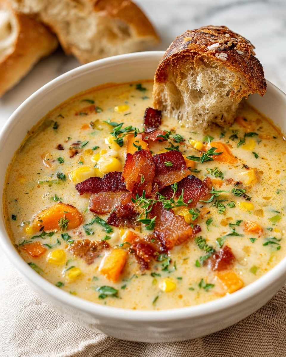 A white bowl filled with creamy soup that has visible pieces of orange carrot, yellow corn, and green herbs scattered throughout a thick, light beige broth. On top, there are crispy reddish-brown bacon pieces and small green sprigs of herbs. A piece of crusty brown bread is dipped into the soup, standing upright at the edge of the bowl. The bowl sits on a beige cloth with blurred pieces of bread in the background, all set on a white marbled surface. photo taken with an iphone --ar 4:5 --v 7