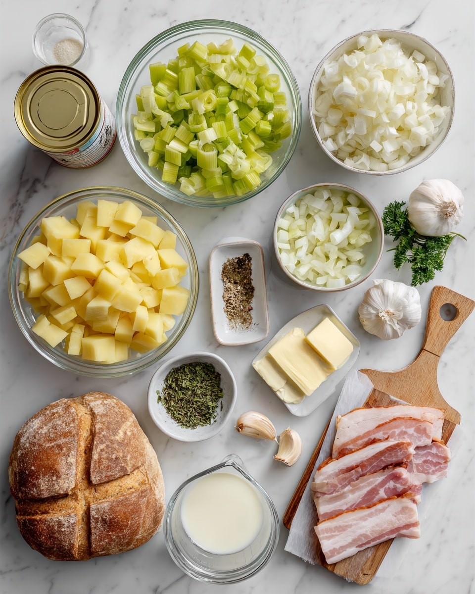 The image shows many clear glass bowls and small clear dishes with different ingredients arranged on a white marbled surface. There are diced yellow potatoes in one bowl, chopped green celery in another, and chopped white onions in a third bowl. A bowl holds chopped leeks, while a few small dishes contain dried herbs and spices like pepper and thyme. A can of light pink fish is beside a round brown bread loaf with a cross mark on top. There is also a wooden board with several slices of raw bacon and a sprig of green parsley. Close by, two peeled garlic cloves are placed next to a square white dish with two small sticks of butter. Measuring cups hold milk and yellow broth. The image looks bright and clean. photo taken with an iphone --ar 4:5 --v 7