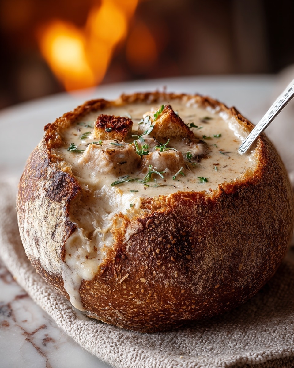 A round brown bread bowl filled with thick creamy soup sits on a beige knitted cloth. The soup has visible chunks of light brown meat and small green herbs sprinkled on top. The bread bowl's crust is rough and toasted, and some soup is spilling slightly over the edge. A silver spoon is sticking out from the soup on the right side of the bowl. The background shows a warm fire, blurred softly to give a cozy feeling. The surface underneath the cloth has a white marbled texture. photo taken with an iphone --ar 4:5 --v 7