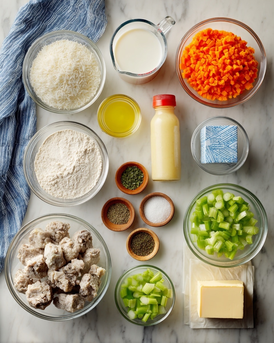 A white marbled surface holds several clear bowls and small wooden dishes filled with various ingredients arranged in a loose grid. From top left to right, there is a glass bowl of white rice, a glass measuring cup filled with white milk, and a glass bowl with bright orange chopped carrots. Below the milk is a small clear bowl with a yellow liquid, next to it a glass bowl with white flour. In the middle left is a glass bottle of light yellow broth or liquid with a red cap next to a small wooden bowl of white salt. Below the salt are four small wooden dishes containing different herbs and spices, ranging from dark green to light green in color. To the right are three clear bowls with light green chopped celery, green bell peppers, and sliced potatoes with red skin. At the bottom center is a glass bowl packed with light beige cooked meat chunks, and to the right is a block of butter on a paper wrapper. A blue and white striped cloth is draped at the top of the frame. photo taken with an iphone --ar 4:5 --v 7