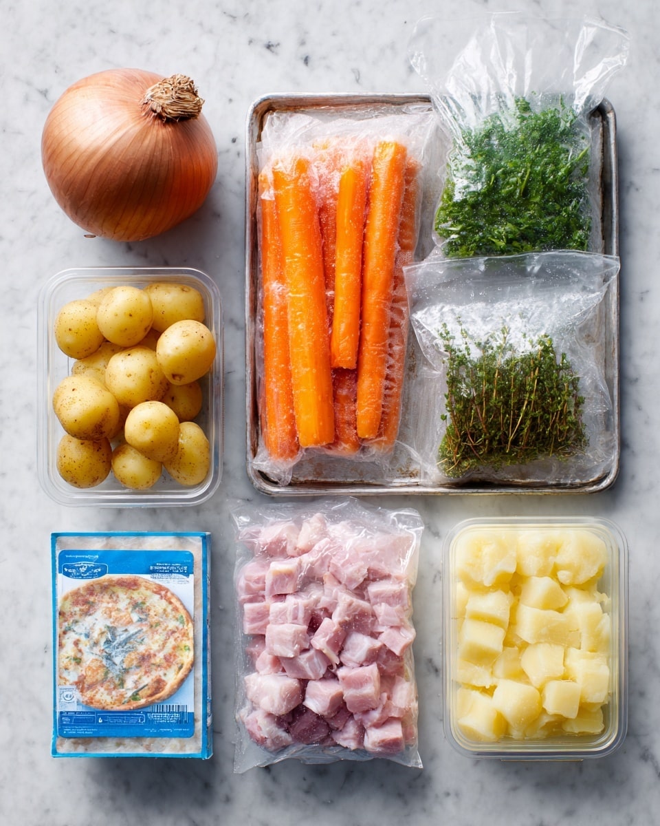 A close-up image shows a collection of packaged ingredients placed neatly on a metal tray on a white marbled surface. The items include a large brown onion at the top left, a clear plastic bag of bright orange British carrots just below it, two green and orange packets of flat leaf parsley and thyme herbs at the top right. Below these herbs is a clear plastic bag of light yellow miniature potatoes. On the bottom left is a blue-labeled clear package of a mixed fish pie, showing frozen pieces of fish inside. To the right, two small clear containers hold pink diced smoked pancetta. Next to those containers is a yellow carton of chicken stock cubes. The scene is bright and clear, with all packages showing their labels prominently. photo taken with an iphone --ar 4:5 --v 7