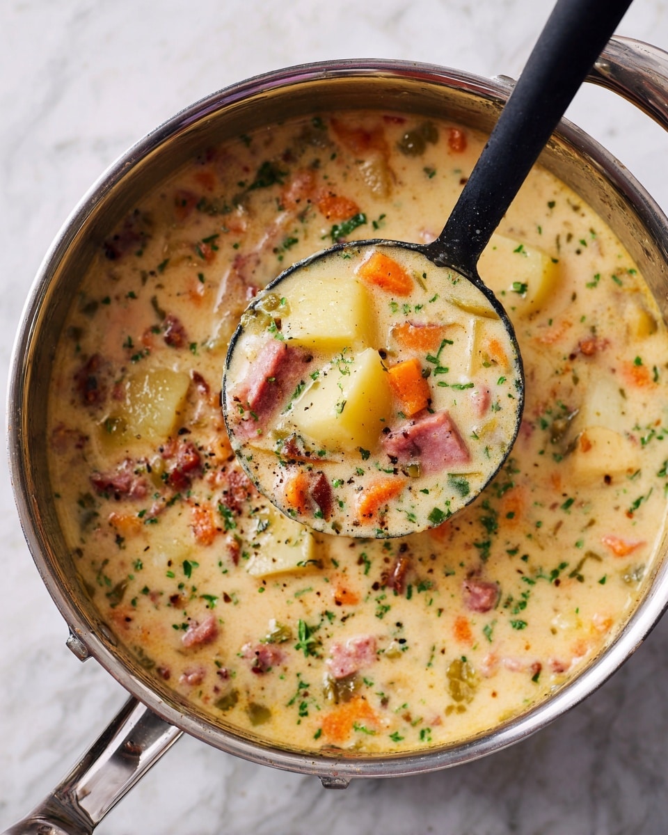 A thick creamy soup is inside a silver pot with bits of orange carrots, light yellow potatoes, small green herb pieces, and pinkish chunks of meat scattered throughout the pale beige liquid. A black ladle is scooping the soup, showing a close-up of the mix. The pot rests on a white marbled surface. Photo taken with an iphone --ar 4:5 --v 7