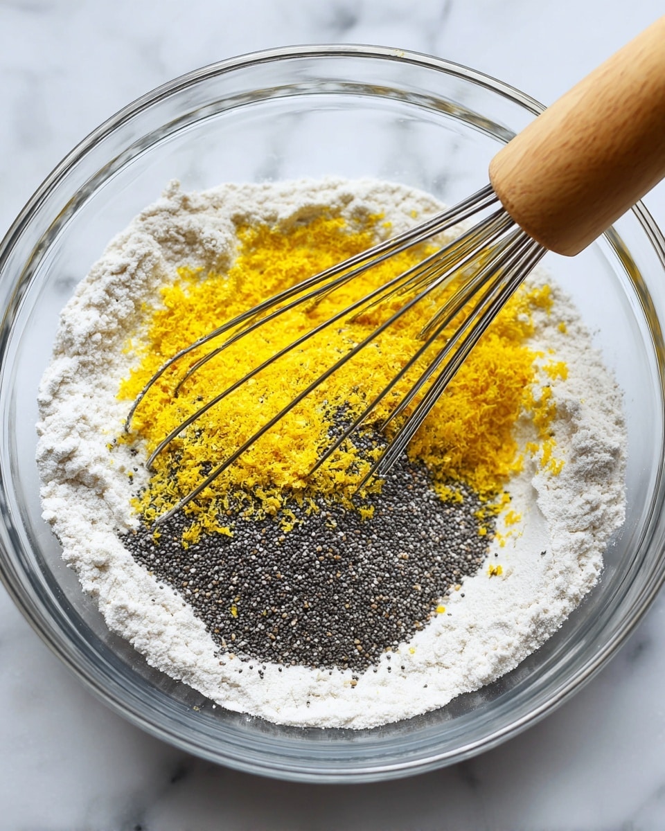 A clear glass bowl shows dry ingredients being mixed with a metal whisk that has a wooden handle resting inside. The bowl contains a bottom layer of white flour, topped by a patch of small black poppy seeds on one side and bright yellow lemon zest on the right side. The background is a white marbled texture. photo taken with an iphone --ar 4:5 --v 7