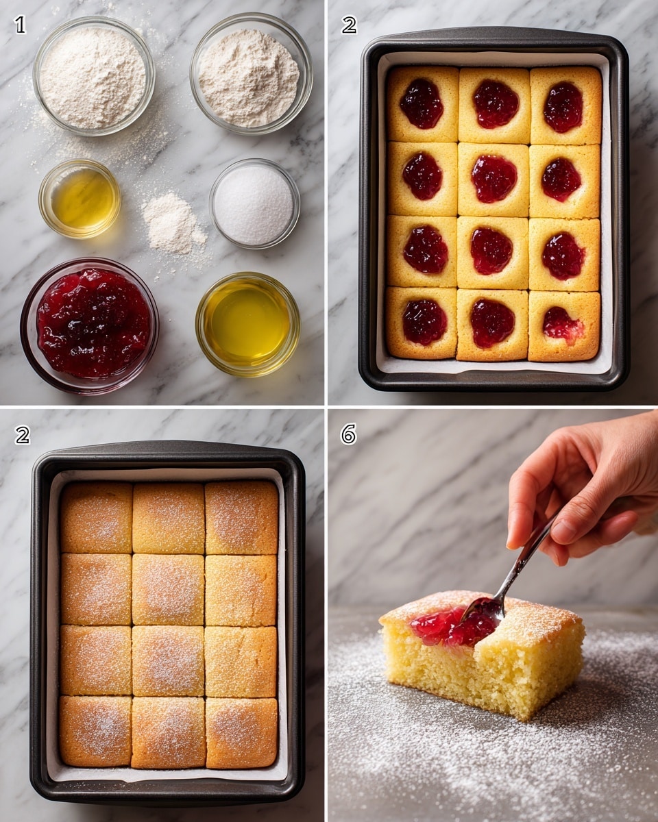 The image shows four steps and the final result of making a tray of jam-filled cake squares. In the first part, ingredients like flour, sugar, jam, oil, and baking powder are arranged on a white marbled surface. The second part shows a woman's hand spooning red jam into evenly spaced indentations on the golden-yellow cake batter inside a black baking tray with a white inner lining. In the third part, the cake is fully baked with risen golden-brown edges and jam in the indentations. The last part shows a close view of one cut square piece with soft, fluffy texture, slightly moist inside, dotted with red jam, all placed on a white marbled surface dusted with powdered sugar. Photo taken with an iphone --ar 4:5 --v 7