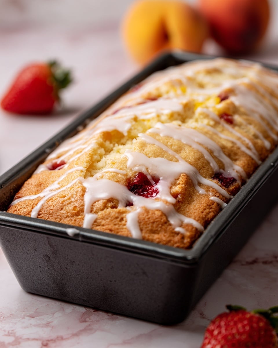 The image shows a rectangular baked cake in a black baking pan placed on a white marbled surface. The cake has one thick golden-brown layer with a soft, fluffy texture on top. It is dotted with jagged patches of deep red fruit filling visible through the top layer, creating a contrast in color. The cake's surface is topped with thin white glaze drizzled unevenly, adding shine and a smooth texture over the bumpy golden crust. In the background, a few whole peaches and a strawberry are slightly out of focus, adding color warmth to the scene. Photo taken with an iphone --ar 4:5 --v 7