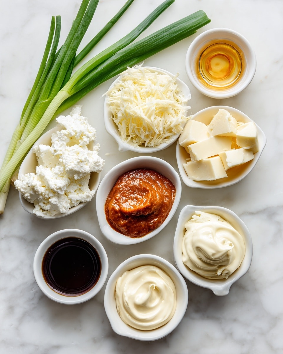 A white marbled surface holds several small bowls arranged casually, each containing different ingredients. There are four long green onions laid diagonally at the top left. Bowls hold white, chunky ricotta cheese, a smooth dollop of cream cheese, shredded pale-yellow cheese, and firm white mozzarella in pieces. Other small bowls include a thick, orange-red sauce, a darker brown sauce, a dark soy-like sauce, a small amount of golden honey, and a swirl of creamy white mayonnaise. The bowls are all white or dark gray, showing the colors and textures clearly on the clean white marbled background. photo taken with an iphone --ar 4:5 --v 7
