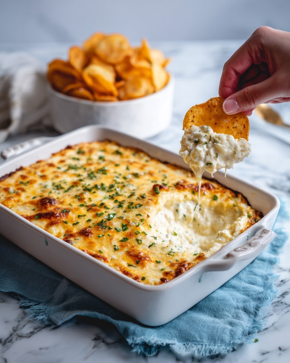 The image shows a rectangular white ceramic dish filled with a creamy, cheesy dip that has a golden-brown melted cheese top with small green herb bits sprinkled all over. Part of the dip has been scooped out, revealing a thick, smooth, and creamy white layer underneath the cheese with some green herbs mixed inside. Next to the dish, there is a white bowl filled with crispy, golden-brown chips. The setting has a white marbled surface with a light blue cloth under the dish, and a woman's hand is holding one chip above the bowl. photo taken with an iphone --ar 4:5 --v 7