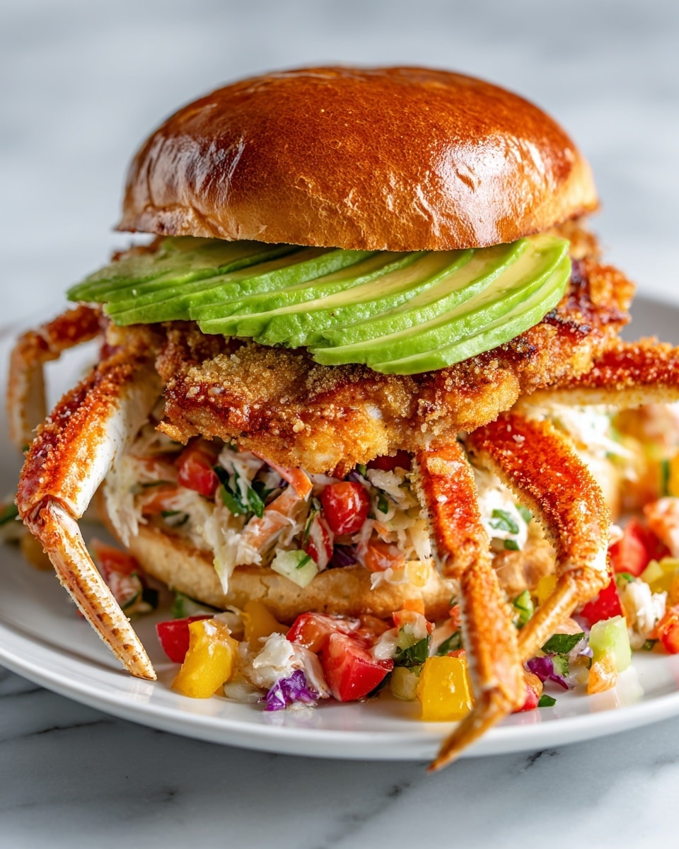 This image shows a crab sandwich with several layers on a white plate, placed on a white marbled surface. The bottom layer is a white sandwich bun, topped with a colorful mix of chopped vegetables including red, yellow, and green pieces in a salad-like texture. Above that is a golden-brown fried crab with a crispy texture, arranged so its legs extend outward from the sandwich. Next is a layer of thinly sliced, fresh green avocado slices, arranged side by side. The top of the sandwich is covered with a shiny, lightly toasted brown sandwich bun. Photo taken with an iphone --ar 4:5 --v 7