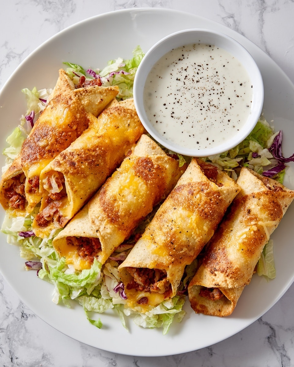 The image shows a white plate with six rolled tortillas placed close together in two layers. The tortillas are golden brown with slightly crispy edges and are filled with melted yellow cheese and bits of browned meat. Around the tortillas, there is a bed of shredded green and purple lettuce. On the right side of the plate, there is a white bowl filled with a creamy white sauce sprinkled with ground black pepper. The plate sits on a white marbled surface. photo taken with an iphone --ar 4:5 --v 7