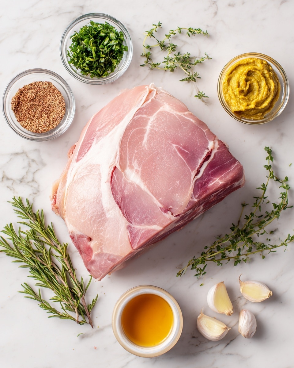 The image shows a large raw ham piece with a pale pink color and a visible bone, placed on a white marbled surface. Around the ham, there are four small clear glass bowls, each holding different ingredients: dark green chopped herbs at the top, a smooth yellow mustard to the right, brown grainy mustard at the bottom, and light amber honey in a small white bowl at the bottom right. Near the center, there are three peeled garlic cloves and two sprigs of fresh herbs, one with green needle-like leaves and the other with smaller leaves, both laying flat on the surface. The overall look is clean and organized, focusing on fresh, natural ingredients. Photo taken with an iphone --ar 4:5 --v 7
