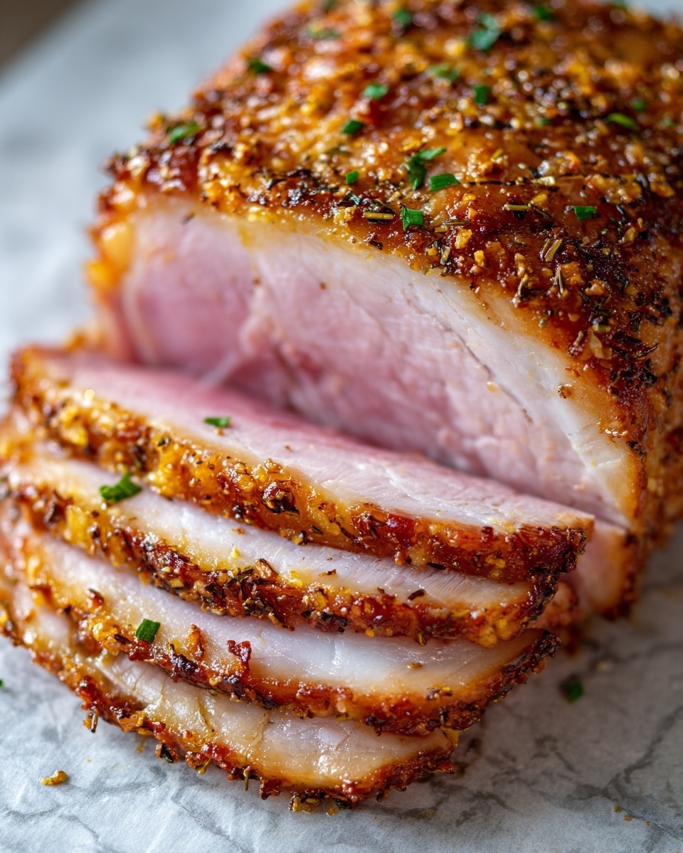 The image shows a close-up of a sliced roasted ham with a golden brown, crispy outer layer seasoned with herbs and spices. The ham has several even, thin slices cut from the front, exposing a light pink, juicy inside with a slightly fatty edge. The surface beneath is a white marbled texture, and there are small green herb pieces sprinkled lightly on top. The focus is tight, highlighting the texture and color contrast between the browned crust and the tender inside. photo taken with an iphone --ar 4:5 --v 7