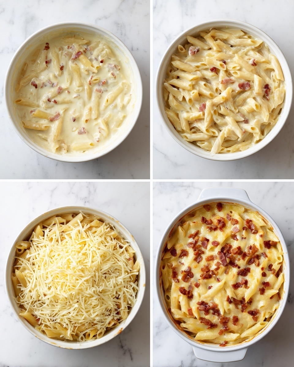 The image shows four steps of making a baked pasta dish, all on a white marbled background. In the first step, a white mixing bowl holds creamy pasta with small bits of bacon, the sauce is light yellow and thick with visible pieces of pasta mixed in. The second step shows the pasta mixture spread evenly in a white baking dish with the creamy sauce visible around the penne pasta and bits of bacon scattered throughout. In the third step, the pasta layer is covered completely with shredded cheese, a pale yellow color, making a thick cheese layer on top. The fourth step shows the dish after baking, with a golden-brown melted cheese crust on the surface, edges slightly browned and bubbling over a creamy sauce with pasta peeking through. Photo taken with an iphone --ar 4:5 --v 7