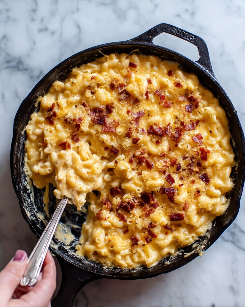 The image shows a black cast iron skillet filled with creamy macaroni and cheese topped with small pieces of crispy bacon. The macaroni is golden yellow and covered with melted cheese, with some browned spots on the top layer. The bacon bits add a mix of reddish-brown color and texture on the surface. A scoop has been taken out from one side, showing the cheesy layers inside. The skillet is placed on a white marbled surface with a woman's hand holding a silver spoon inside the skillet. Photo taken with an iphone --ar 4:5 --v 7