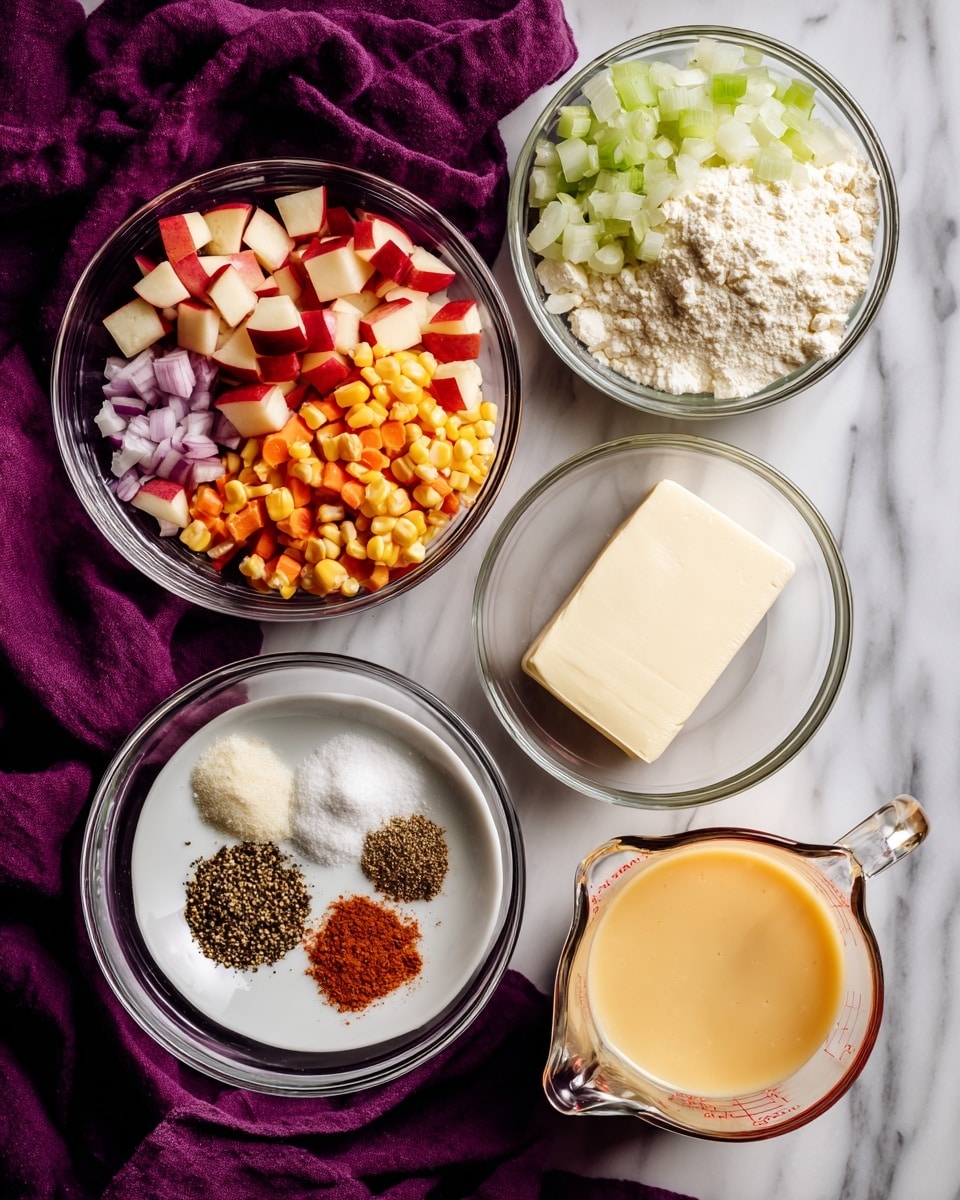 The image shows four sections of ingredients arranged neatly on a white marbled surface with a deep purple cloth draped in the background. The top left section has three clear glass bowls: one with small red apple pieces, one with roasted corn kernels, and another with a finely chopped mix of green celery, white onion, and orange carrot. The top right section shows two clear glass bowls side by side, one holding pale flour and the other a solid rectangle of butter. The bottom left section features a white bowl containing three piles of spices that look like salt, ground black pepper, and a brown seasoning blend. The bottom right section has a clear measuring cup filled with a creamy white liquid next to another clear measuring cup with orange-yellow juice. Photo taken with an iphone --ar 4:5 --v 7