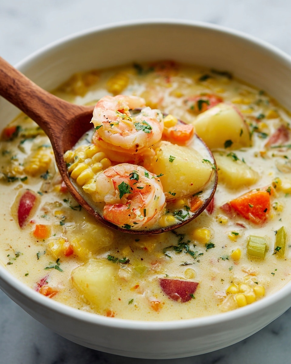 A close-up view of a creamy soup in a white bowl on a white marbled surface, filled with tender pink shrimp, yellow corn kernels, and small chunks of red-skinned potatoes. Orange carrot pieces, green celery bits, and finely chopped herbs float in the thick, pale yellow broth. A wooden spoon scoops a mix of the ingredients, rising slightly above the soup, showing the vibrant colors and the smooth texture of the creamy liquid. Photo taken with an iphone --ar 4:5 --v 7