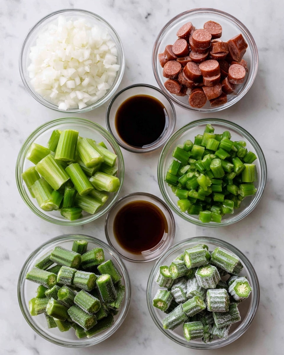 Six clear glass bowls are arranged on a white marbled surface in three rows, each holding a different ingredient. In the top row, from left to right, a bowl contains finely chopped white onions, and another contains dark brown liquid sauce. Next to it is a bowl with slices of reddish-brown sausage pieces. In the middle row, the left bowl is filled with bright green celery slices, and the right bowl contains chopped green bell pepper pieces. The bottom row has two bowls filled with frozen, irregularly cut okra pieces, all in shades of green with frosty white patches. The clear bowls and varied green and brown colors create a fresh, colorful arrangement photo taken with an iphone --ar 4:5 --v 7