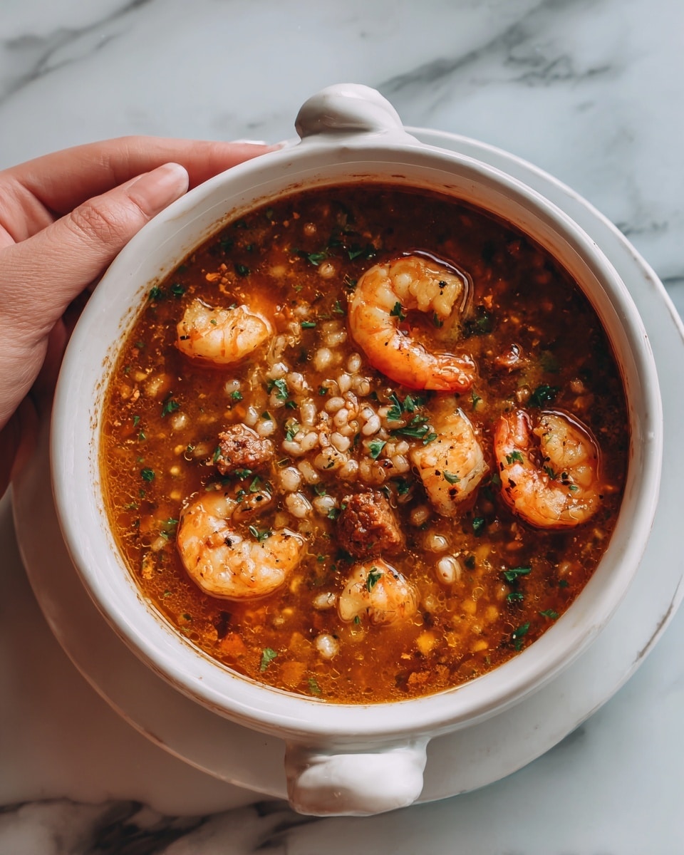 The dish is served in a white bowl with a handle, filled with a thick, reddish-brown soup. The surface shows pieces of shrimp with a light pink and orange color, chunks of meat with a brown texture, and small round grains that look like barley. The soup looks rich and chunky, with ingredients spread evenly throughout the bowl. The bowl sits on a white marbled surface with a bit of a wood pattern visible underneath. A woman's hand is holding the bowl on the top left side. photo taken with an iphone --ar 4:5 --v 7