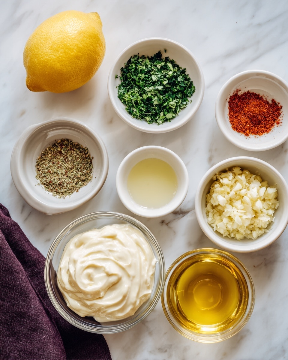 A top view of seven white bowls and one glass bowl on a white marbled surface. At the top left is a whole bright yellow lemon next to a white bowl filled with chopped green herbs. Below it on the left is a white bowl with two spices, one orange-red and the other brownish-green. To the right is a white bowl with finely minced pale yellow garlic. Under these bowls are two smaller white bowls side by side, one containing a clear, light yellow liquid, and the other holding a golden yellow liquid. At the bottom center is a round glass bowl filled with a thick, creamy white substance. A dark purple cloth is visible at the upper left corner. photo taken with an iphone --ar 4:5 --v 7