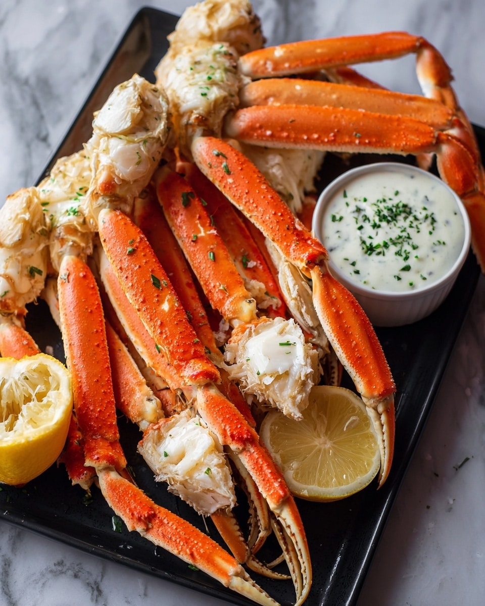 A close-up of cooked crab legs arranged on a black tray, showing bright orange shells with some white parts of the crab meat visible. Next to the crab legs is a half lemon with pale yellow flesh. In the corner, there is a small white bowl filled with a creamy white dipping sauce topped with green herbs. The surface beneath the tray has a white marbled texture. Photo taken with an iphone --ar 4:5 --v 7