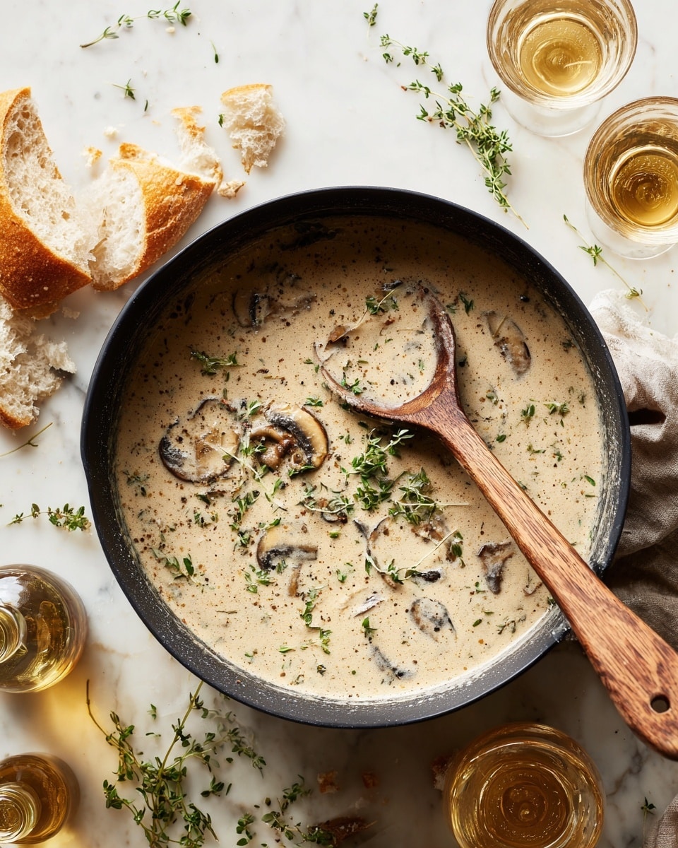 A black pot filled with creamy light beige soup that has visible small pieces of mushrooms and herbs floating on the surface. A wooden spoon rests inside the soup, slightly tilted with some soup on it, showing a rich, smooth texture. Around the pot on a white marbled surface are small sprigs of green herbs and pieces of torn bread with a light, airy texture. There are also two clear glasses filled with a light golden liquid near the top right corner and a small glass bottle containing a similar liquid near the bottom left. photo taken with an iphone --ar 4:5 --v 7