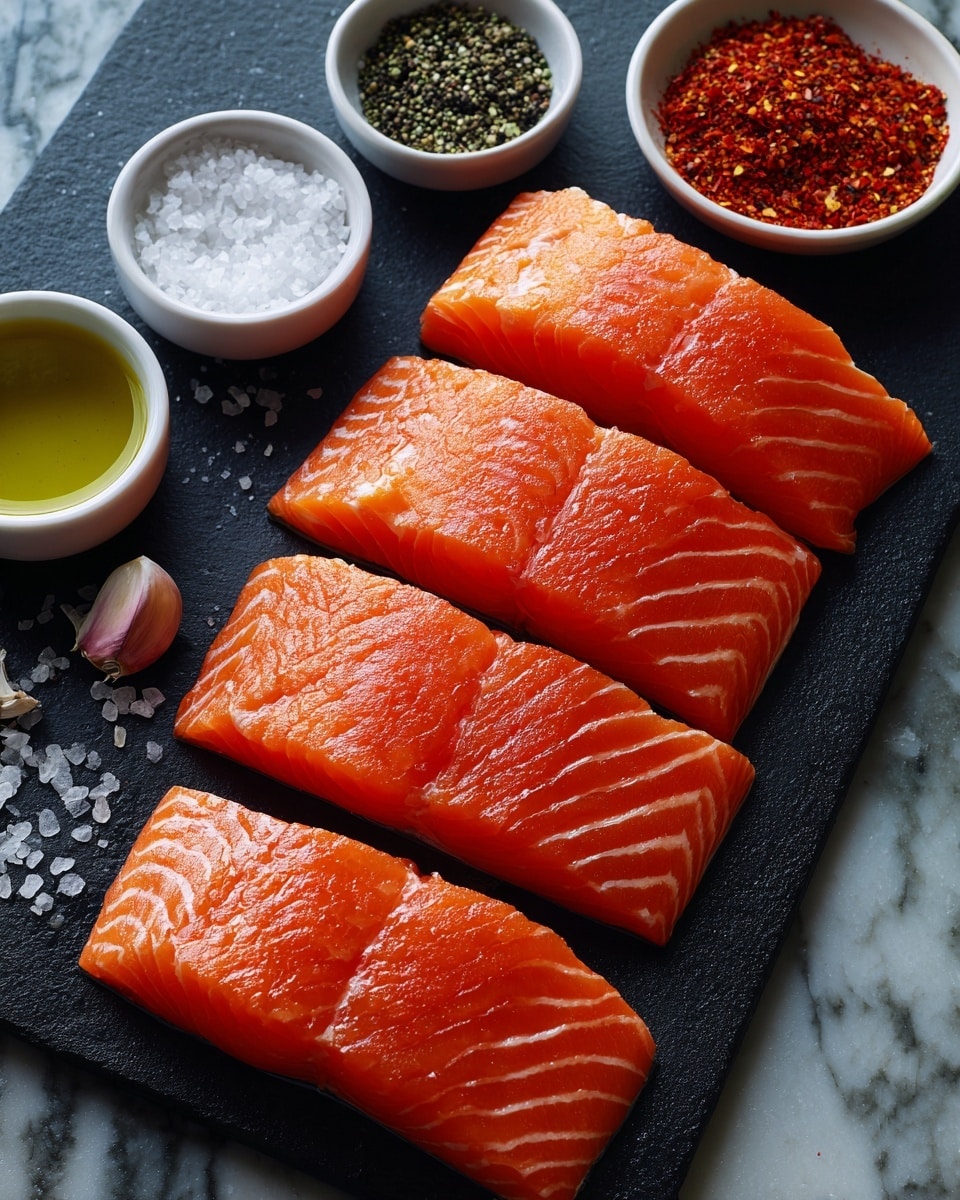 The image shows four raw salmon fillets with a smooth, bright orange surface and visible white fat lines, arranged in a row on a dark slate board. Around the fillets, there are small white bowls filled with coarse salt, chopped garlic, dark pepper, oil, and a red spice. The background surface is a white marbled texture. Photo taken with an iphone --ar 4:5 --v 7
