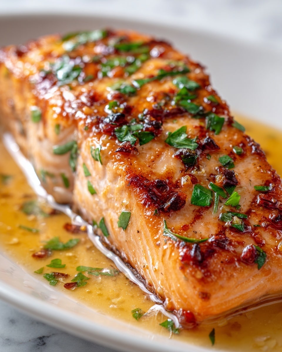 A close-up of a cooked salmon fillet with a slightly crispy, golden-brown surface and visible grill marks, topped with small bits of fresh green herbs. The salmon has a juicy, flaky texture with pink and light orange shades. It sits in a shallow pool of glossy sauce that reflects light, all on a white plate. The background is a white marbled texture. Photo taken with an iphone --ar 4:5 --v 7