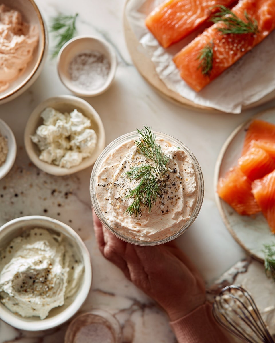 The image shows four pieces of cooked salmon with a light pink-orange color arranged in a white metal baking dish. Each salmon piece is topped with a creamy pale yellow sauce that looks smooth and slightly thick, with small fresh green dill sprigs on top of the sauce. Bright yellow lemon wedges are placed between the salmon pieces around the edges of the dish. The background has a white marbled texture. photo taken with an iphone --ar 4:5 --v 7