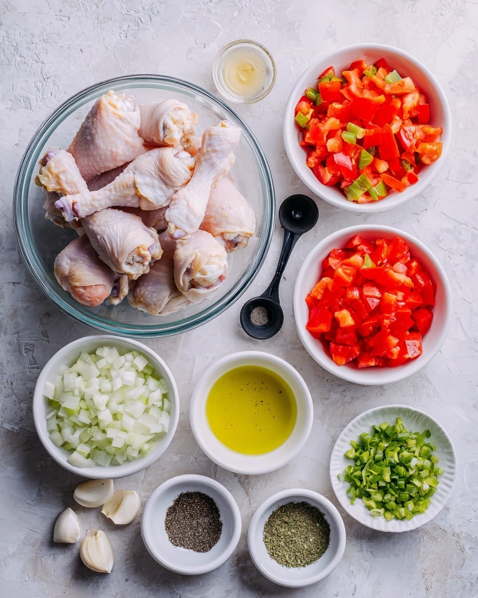 The image shows a top view of several white bowls and clear glass bowls arranged on a white marbled textured surface. The bowls contain various fresh ingredients: one large clear glass bowl with many uncooked chicken drumsticks with a pale pink and light beige color; one white bowl with chopped tomatoes in red and orange hues; another white bowl with a mix of chopped red bell pepper and green peppers; a smaller white bowl holds chopped green onions; another white bowl contains chopped white onions; and in small white bowls are black pepper, salt, brown sugar, oil with a pale yellow tint, and a green herb sauce or paste. Three peeled garlic cloves lie on the surface near the center. Two black measuring spoons rest next to the spices. Photo taken with an iphone --ar 4:5 --v 7
