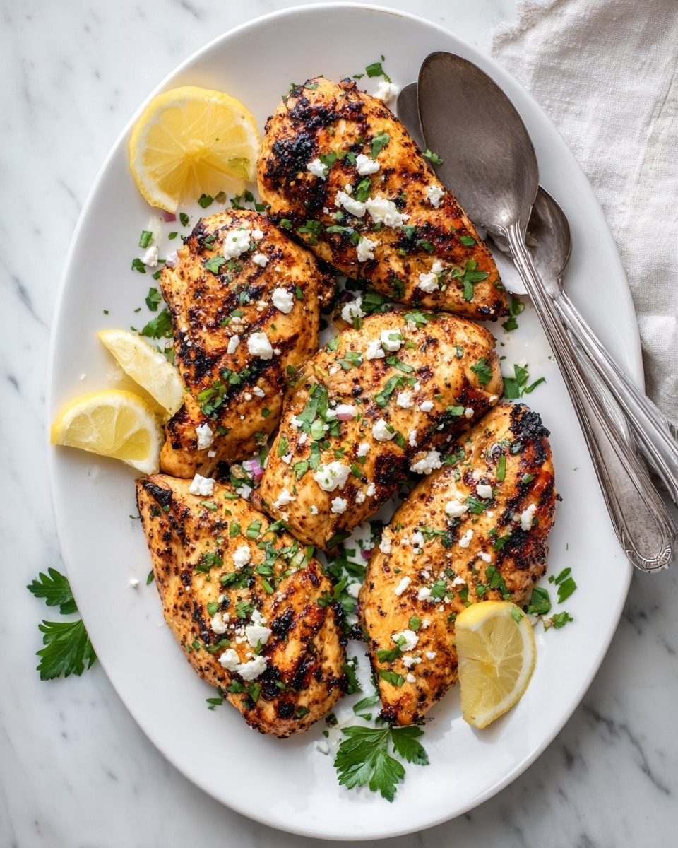 A white oval plate holds five grilled, golden-brown chicken pieces, each with a slightly charred texture and garnished with small bits of white cheese and fresh green parsley leaves scattered on top and around. Three lemon wedges with bright yellow skin rest at the edges of the chicken, adding a fresh pop of color. A silver fork and spoon lie together on the top right side of the plate. The plate is set on a white marbled surface with a light texture visible, and a light-colored towel is partially seen in the top right corner. Photo taken with an iphone --ar 4:5 --v 7
