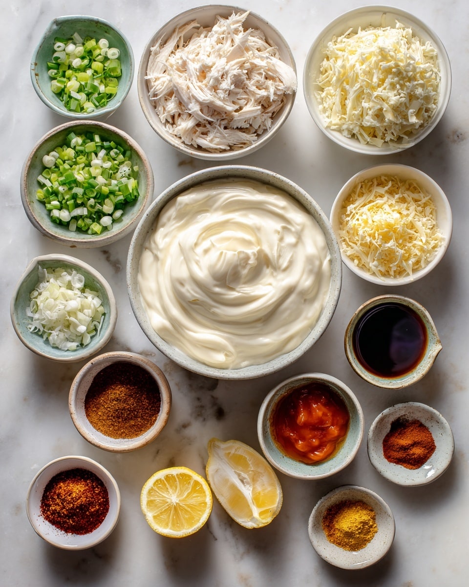 The image shows many white bowls on a white marbled surface, each with a different ingredient. The large central bowl holds a smooth, creamy white mixture with soft swirls. Around it, smaller bowls contain shredded white chicken, finely grated cheese, chopped green onions, a dark brown liquid, and lemon zest with a lemon half nearby. There are also small bowls with different powdered spices in reddish, brown, and yellow shades, along with minced garlic and a bright orange-red sauce. The arrangement is neat and evenly spaced, showing clear textures like fluffy, creamy, shredded, and finely ground ingredients. photo taken with an iphone --ar 4:5 --v 7
