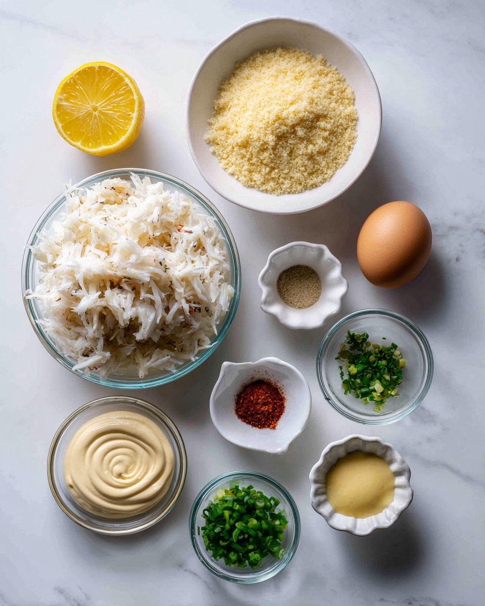 A top view of several small white bowls set on a white marbled surface, each holding different ingredients. The main focus is a large clear bowl filled with shredded white crab meat in the center. Above it is a medium white bowl full of yellowish dry crumbs. To the right of that is a small white fluted bowl with a brown egg inside. Next to it are two small clear bowls, one with chopped green onions and the other with chopped green herbs. Below the crab meat bowl is a small white bowl with a swirl of pale mayonnaise, a small white bowl containing smooth yellow mustard, a clear bowl of light yellow liquid, and a small clear bowl with reddish spice powder. A bright yellow lemon half is positioned on the left edge. The arrangement is neat and well-lit, creating a clean and fresh look. Photo taken with an iphone --ar 4:5 --v 7