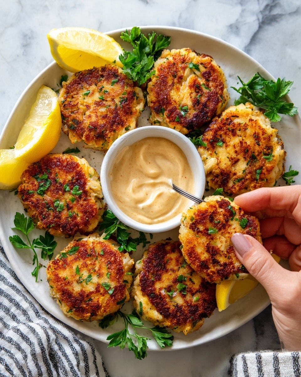 The image shows a white round plate filled with seven golden brown crab cakes with crispy edges, arranged in a circular pattern. The crab cakes have a rough, crunchy texture with visible bits of green herbs and white crab meat. In the center of the plate, there is a small white bowl with a creamy light brown dipping sauce and a spoon inside it. Around the plate, there are lemon wedges and a bunch of fresh green parsley for decoration. A woman's hand wearing a striped cloth is placing or holding one of the crab cakes. The surface under the plate has a white marbled texture. photo taken with an iphone --ar 4:5 --v 7