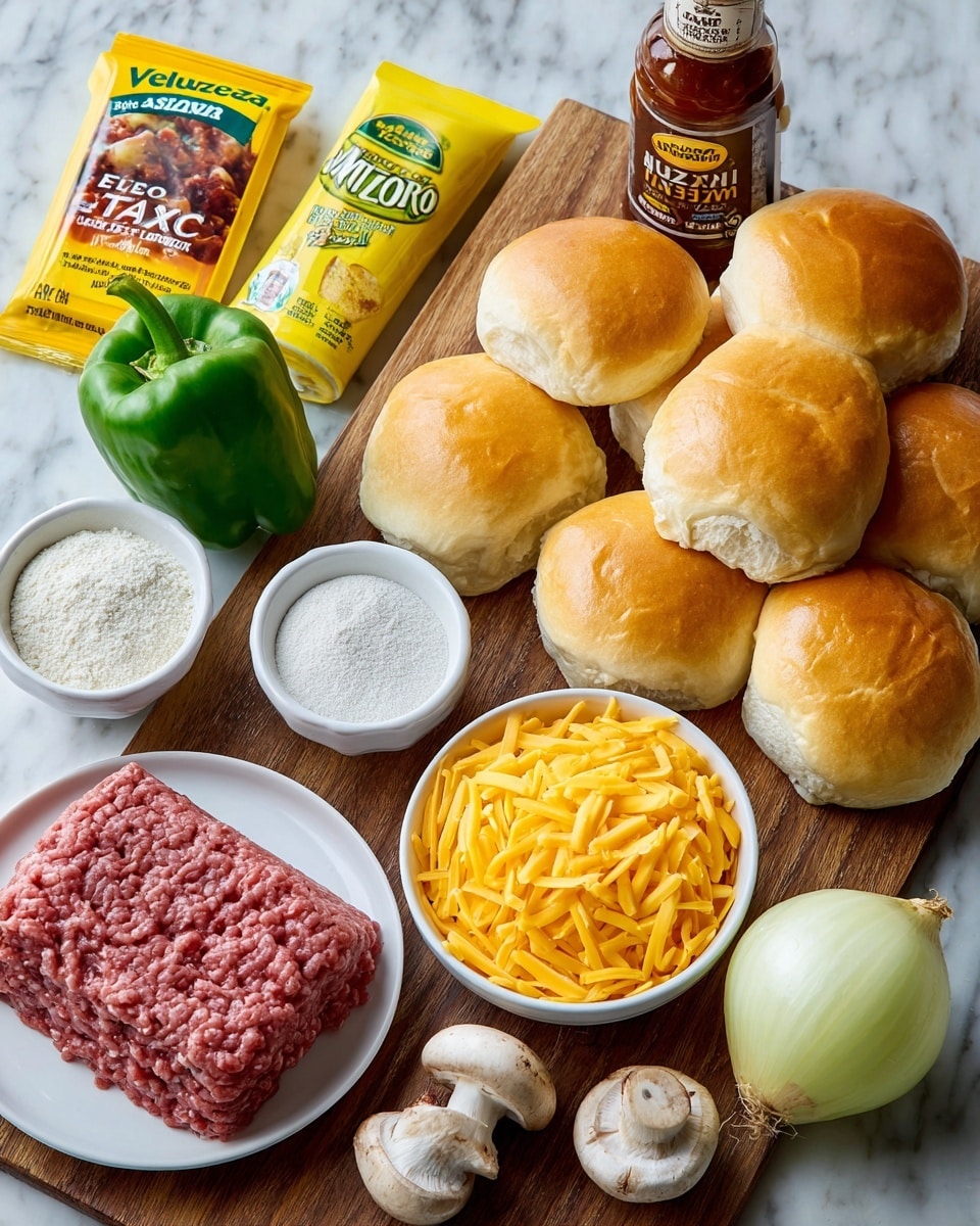 The image shows a wooden table with various ingredients for cooking. There are five round bread rolls with a golden crust placed at the top right. Below them is a small white bowl filled with shredded bright yellow cheese. To the left of the bowl is a small green bell pepper, and next to it an onion with pale yellow skin. In front of the onion is a white mushroom and beside it a small white bowl with a white powder inside. On the bottom left is a slab of raw ground meat on a white plate. To the top left of the meat is a package of taco seasoning and a packet of instant taco sauce. Above these packets is a yellow box of Velveeta cheese. Behind the green pepper and onion is a bottle with dark brown sauce inside. The background and surface are a white marbled texture. photo taken with an iphone --ar 4:5 --v 7