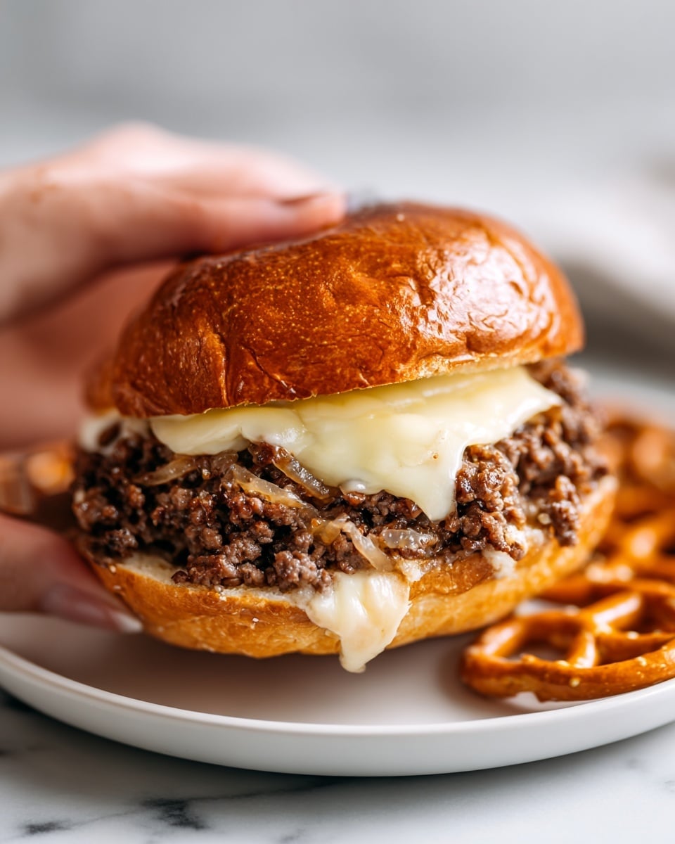 A close-up view of a sandwich held by a woman's hand, showing a shiny, browned bun that covers a thick layer of cooked ground beef mixed with sautéed onions. On top of the meat layer is a melted, creamy slice of cheese that slightly drips over the beef. The sandwich rests on a white plate with some small round pretzels, placed on a white marbled surface. The photo focuses on the sandwich texture and colors, with the bun's soft shine and the meat's juicy texture clearly visible photo taken with an iphone --ar 4:5 --v 7