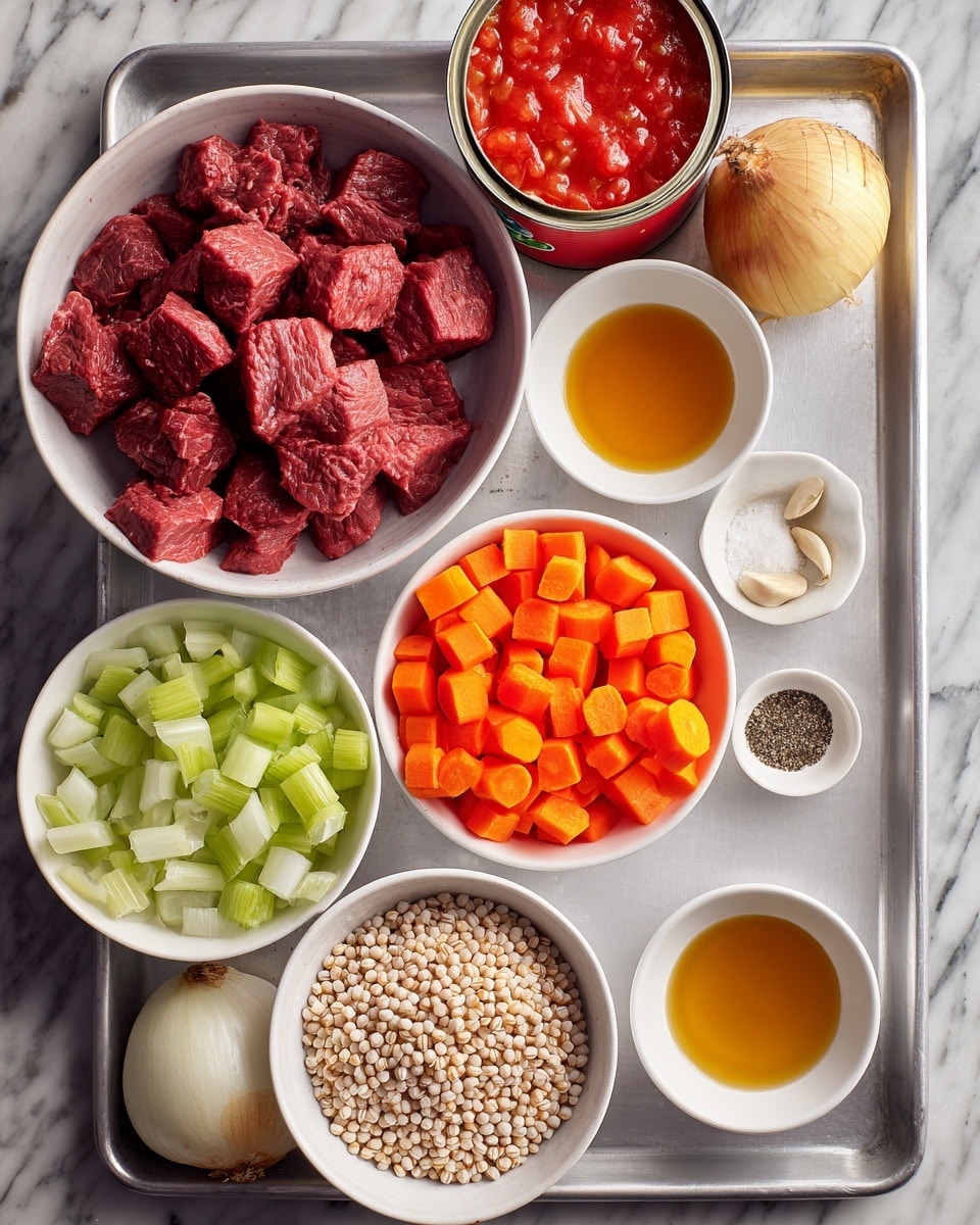 The image shows a metal tray on a white marbled surface, with various ingredients neatly arranged. On the top left is a white bowl filled with dark red raw beef chunks. Next to it is a red can of diced tomatoes, and to the right is a carton of beef broth in light yellow and green colors. Below, three small white bowls hold bright orange carrot cubes, pale green celery pieces, and finely chopped onion. On the bottom left is a small white bowl with uncooked pearl barley, and beside it is a small bowl with amber-colored liquid, likely broth or oil. On the right side, a white sectioned dish contains salt, black pepper, and two small pieces of garlic. A whole yellow onion rests next to the bowls. The ingredients are cleanly organized and ready for cooking. Photo taken with an iphone --ar 4:5 --v 7