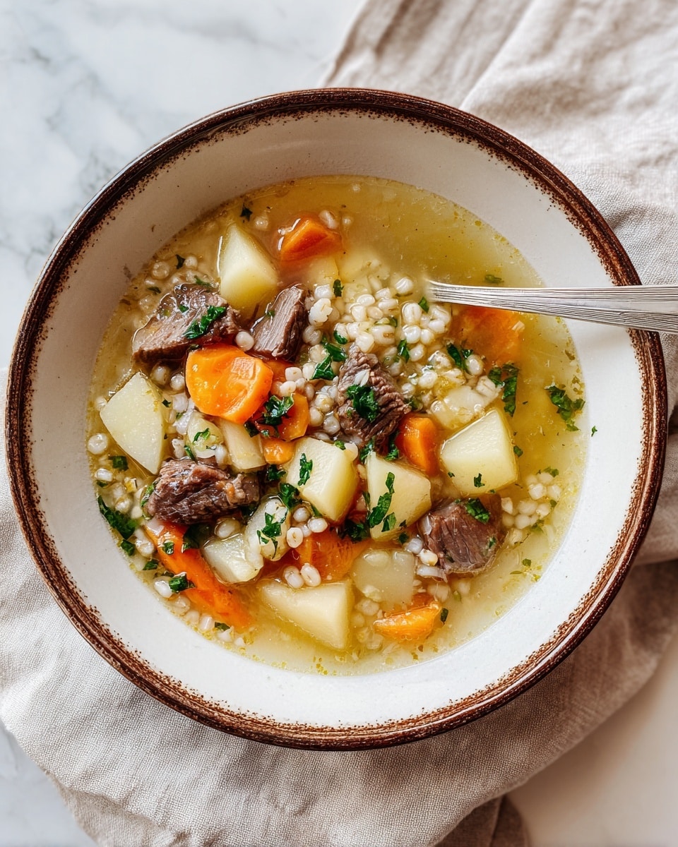 A bowl with a warm soup containing several layers of ingredients: chunks of brown meat and light beige potato pieces spread evenly, bright orange carrot slices, small pale barley grains, and bits of green herbs on top. The soup broth is clear yellowish with a hint of oil, filling spaces between the ingredients. The bowl is white with an earthy brown rim, placed on a crumpled light beige cloth. The background is a white marbled surface. A silver spoon rests inside the soup, partly submerged. Photo taken with an iphone --ar 4:5 --v 7