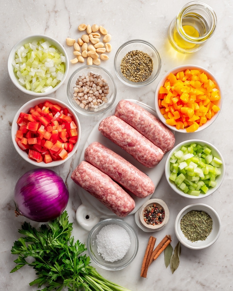 The image shows an overhead view of various ingredients neatly arranged on a white marbled surface. At the center, there are three raw sausages with a smooth pink texture. Surrounding them in small white bowls and containers are chopped orange carrots, bright yellow bell pepper pieces, finely sliced pale green celery, diced red tomatoes, raw pine nuts, creamy white garlic cloves, dark purple onion, and a bunch of fresh green parsley. Additionally, there are small bowls holding coarse salt, mixed peppercorns with cinnamon sticks, pale green oregano, and a clear jar of golden olive oil. A glass of pale yellow liquid is placed next to the ingredients. The overall scene is bright, clean, and organized, with a colorful variety of fresh ingredients. photo taken with an iphone --ar 4:5 --v 7
