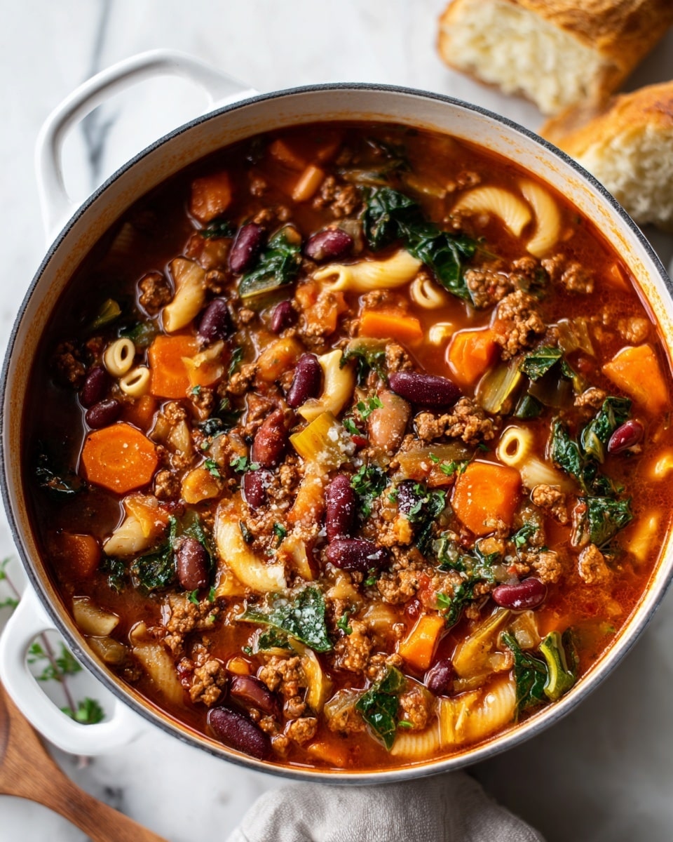 A white pot filled with a thick stew containing ground meat, kidney beans, bright orange carrot chunks, green leafy vegetables, and small pasta pieces, all mixed in a rich reddish-brown broth. The pot is placed on a white marbled surface with a soft towel and some bread on the side. The stew has a hearty and colorful appearance with visible layers of textured meat, vegetables, and broth. photo taken with an iphone --ar 4:5 --v 7