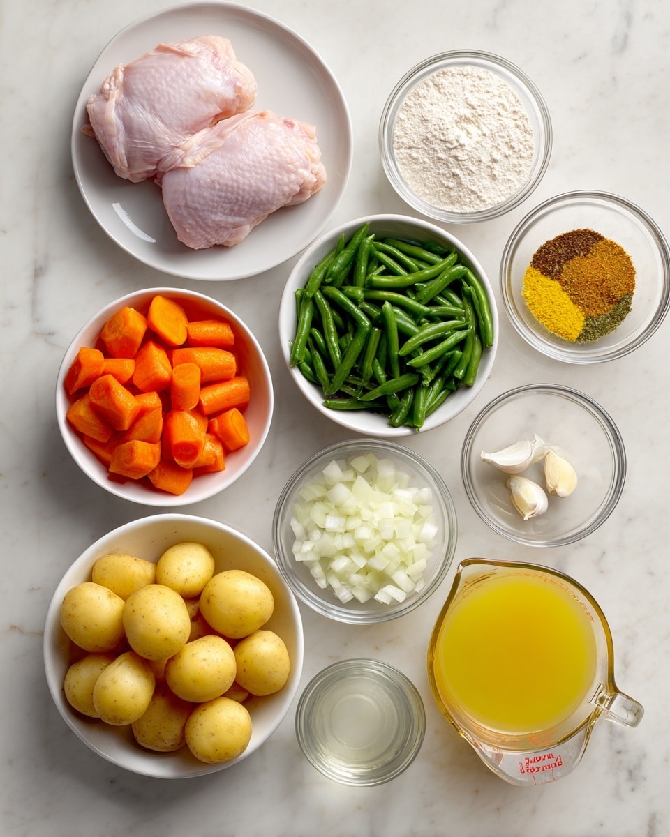 The image shows several ingredients arranged neatly on a white marbled surface. At the top left, two raw pink chicken pieces sit on a white plate. To their right, two small clear glass bowls hold white flour and a mix of yellow and brown spices. Below, a white bowl is filled with green frozen green beans. Next to it, a clear bowl contains chopped orange carrots. At the bottom left, a white bowl is full of round yellow potatoes. Near the bottom center, a clear bowl has diced white onions, and to its right, a small clear bowl has two pieces of garlic. There is also a clear measuring cup with white liquid and another clear measuring cup with a yellow broth. All contents are fresh and colorful, arranged in a simple overhead view photo taken with an iphone --ar 4:5 --v 7