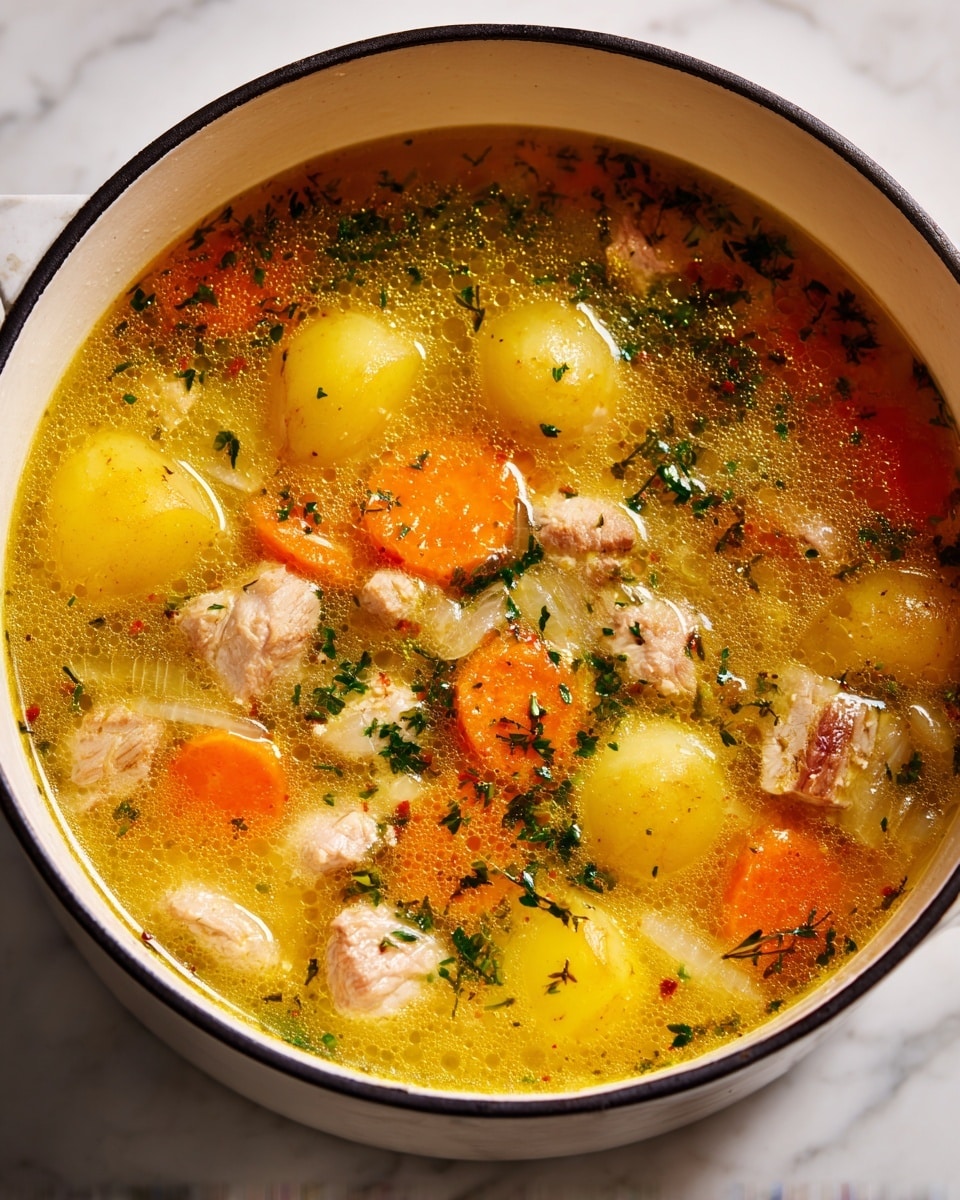This is a close-up image of a soup in a white pot, showing a rich golden broth filled with chunks of light brown meat, round yellow potato pieces, and slices of orange carrot scattered throughout. There are translucent pale onion pieces and small flecks of finely chopped green herbs spread on the surface. The broth has a shiny, slightly oily texture with small bubbles, surrounding the ingredients layered evenly in the pot. The pot sits on a white marbled surface. photo taken with an iphone --ar 4:5 --v 7