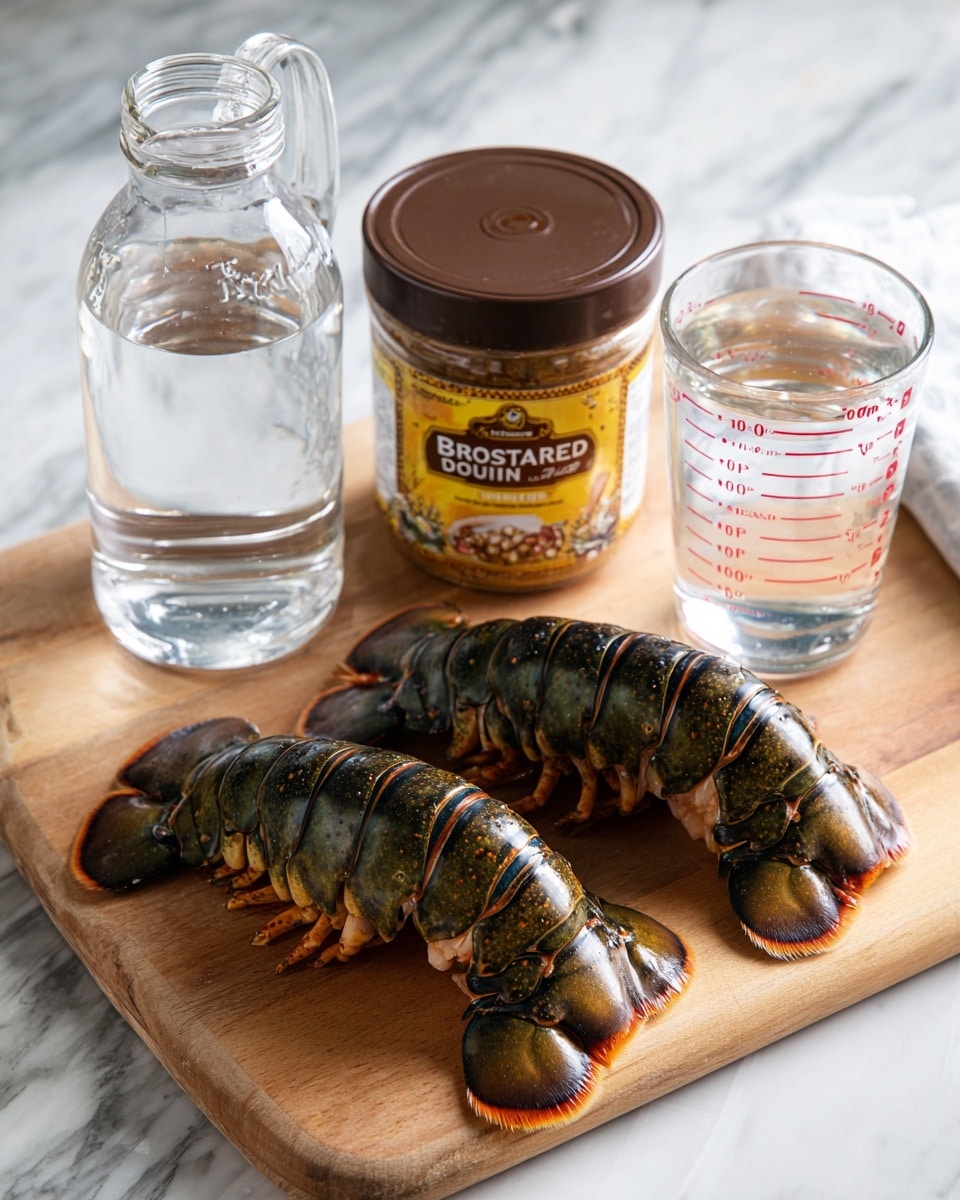 The image shows a wooden cutting board placed on a white marbled surface, with two dark green lobster tails centered on the board, their shell textures visible and the meat slightly pulled out at the top. Above the board, there are two clear measuring containers, one on the left with a clear plastic jug with water, and one on the right, a glass Pyrex measuring cup with water, both with red measurement markings. In the middle, between the containers, there is a jar of lobster base labeled