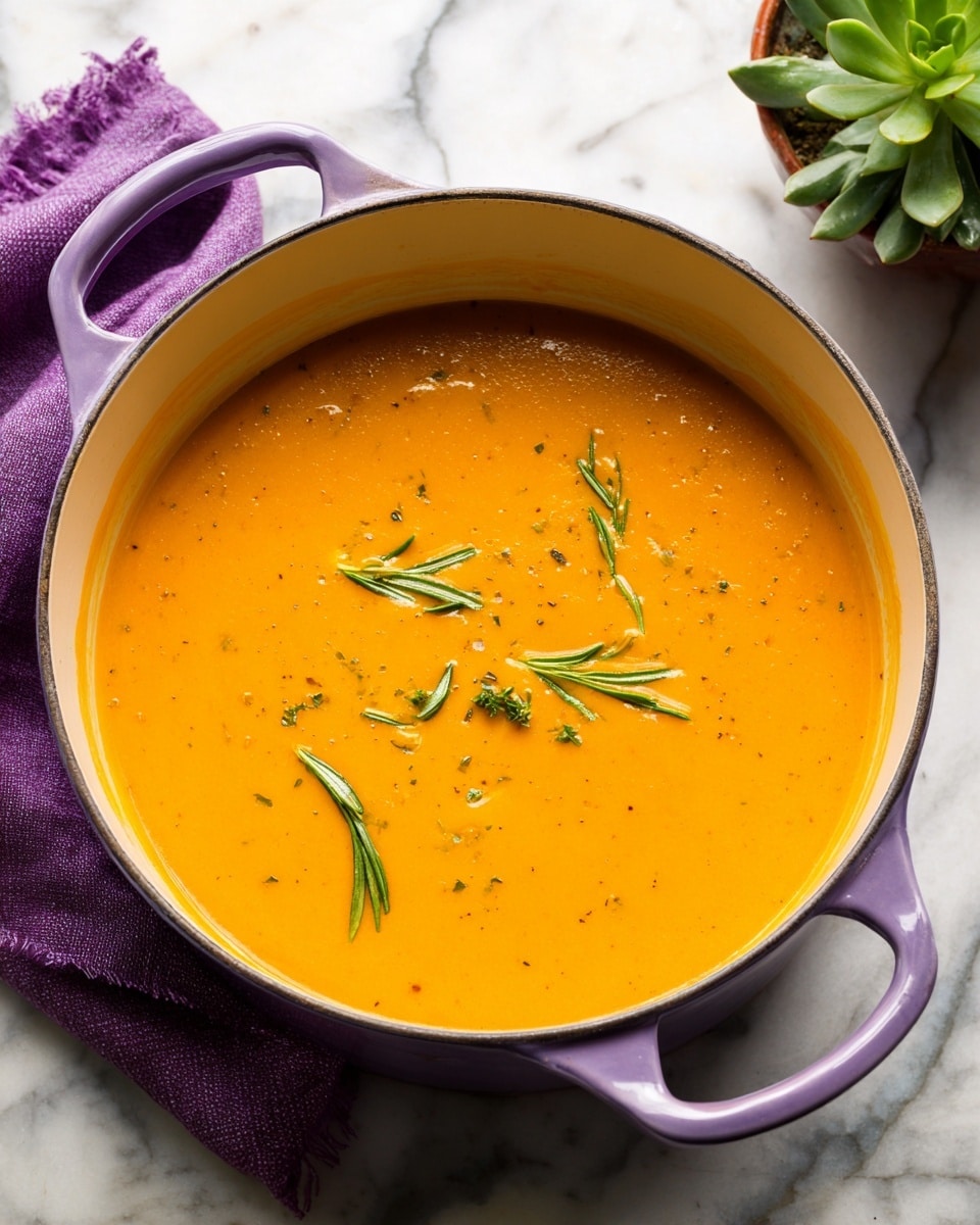 A large pale purple pot filled with smooth, bright orange soup that looks creamy. Three thin green herb sprigs lay curved gently on the surface near the center. The pot sits on a white marbled surface with a purple cloth and a green succulent plant nearby. The soup's texture is even without lumps, and the pot’s interior is cream colored, with a wide mouth and two handles on each side. Photo taken with an iphone --ar 4:5 --v 7
