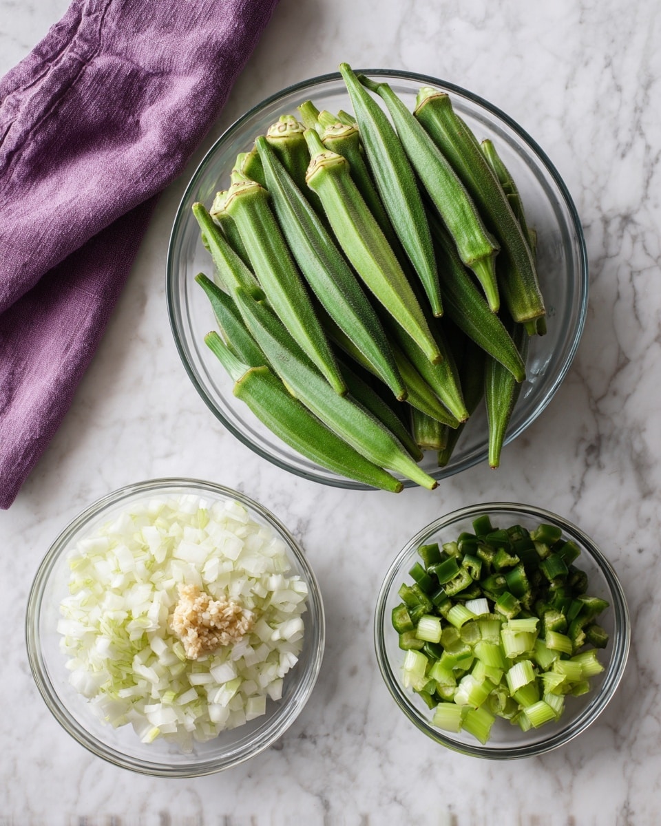 A clear glass bowl in the center holds a bunch of fresh green okra standing straight up with their tips facing outward. Below it, three smaller clear glass bowls are arranged in a triangle on a white marbled surface. The left bowl contains finely chopped white onions mixed with a small mound of minced garlic on top, the right bowl has sliced light green celery, and the bottom bowl holds chopped dark green bell peppers. A purple cloth is folded and placed in the upper left corner of the image. Photo taken with an iphone --ar 4:5 --v 7